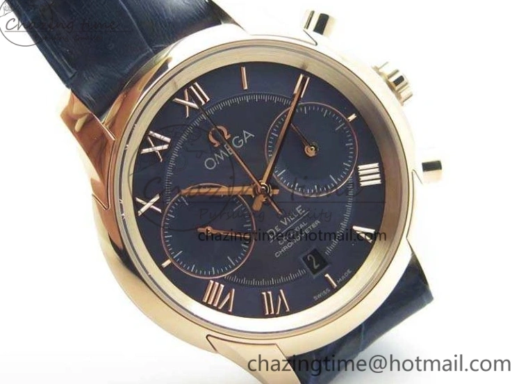 0128 QuickDry De Ville Chronograph RG OMF 1:1 Best Edition Blue Dial On Blue Leather Strap A 8107